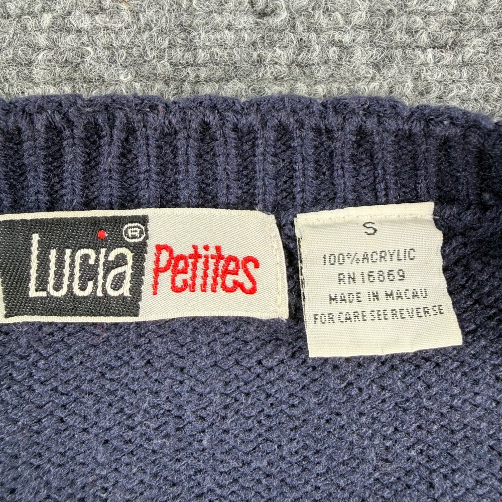 Lucia Petites Cardigan Sweater S Navy Blue Floral Embroidered V-Neck Women - Picture 3 of 7